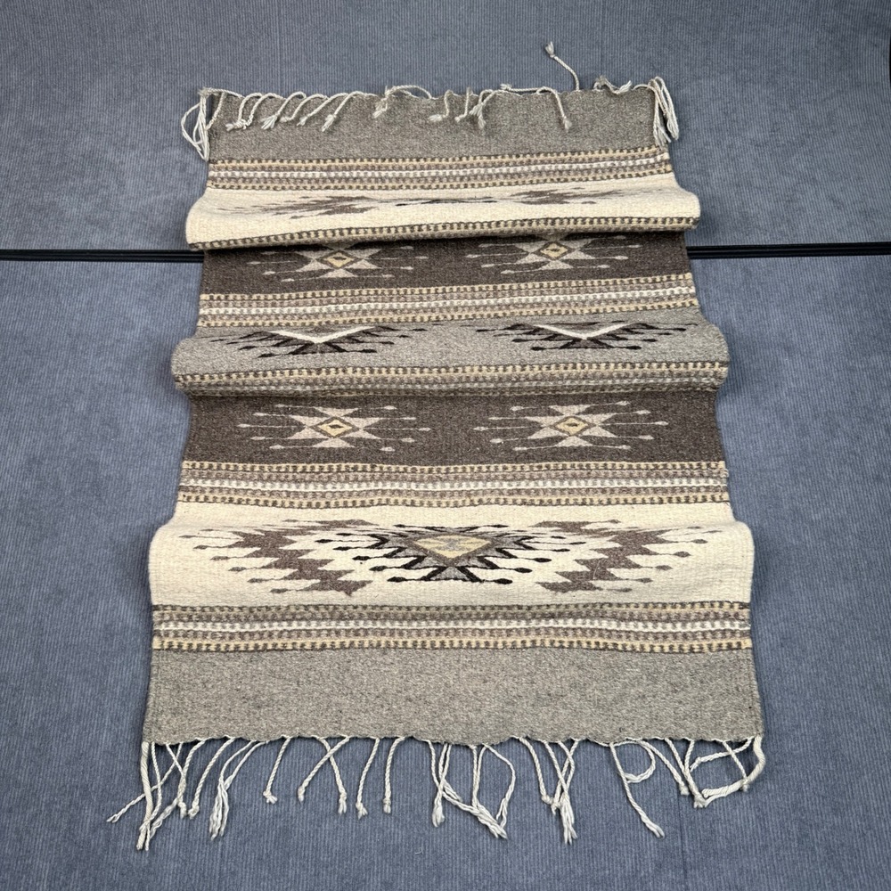 Vintage Mexican Handwoven Wool Rug Grey Cream Geometric Diamond Runner 24x42